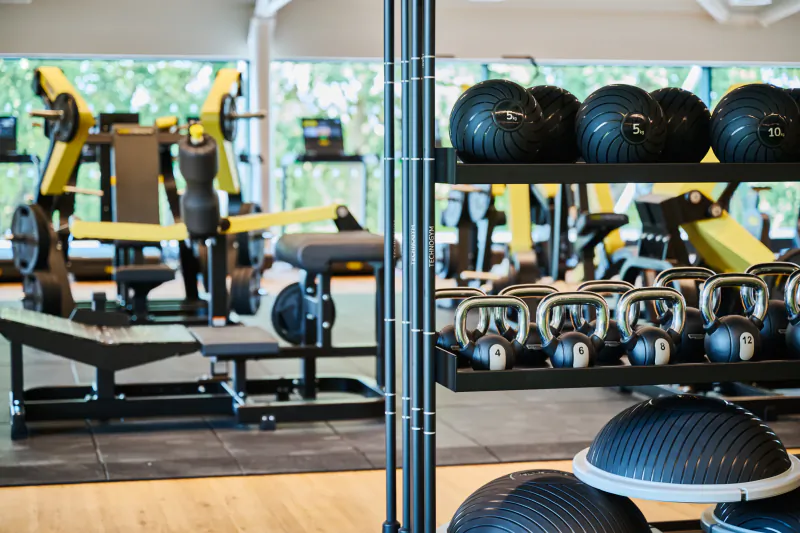 Gym interior with kettlebells, medicine balls, and weight machines near large windows