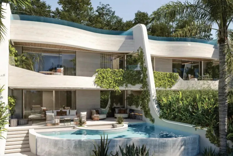 Modern curved luxury villa with pool, lush greenery, and large glass windows overlooking tropical trees