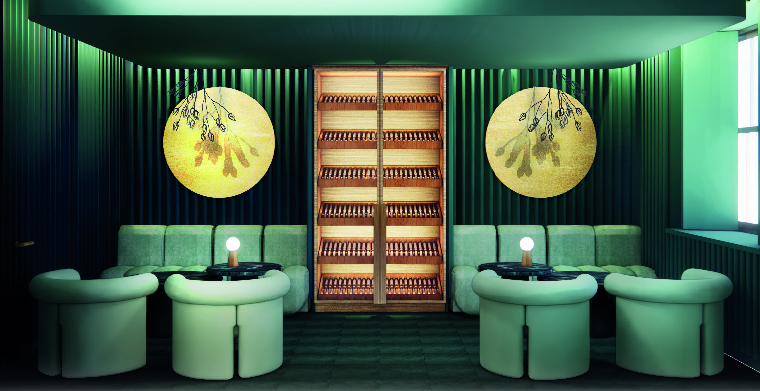 Modern lounge with green velvet seating, round tables, and a wooden bookshelf flanked by two large golden circular wall art pieces