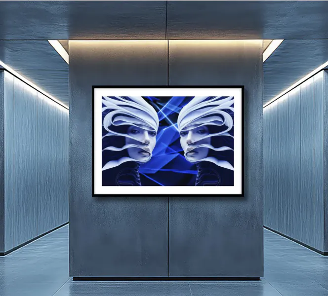 Framed digital artwork of two mirrored women with flowing white headpieces on a gallery wall