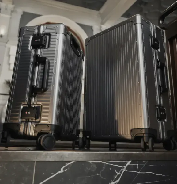 Two premium aluminum suitcases standing side by side on a marble surface in a luxury hotel lobby