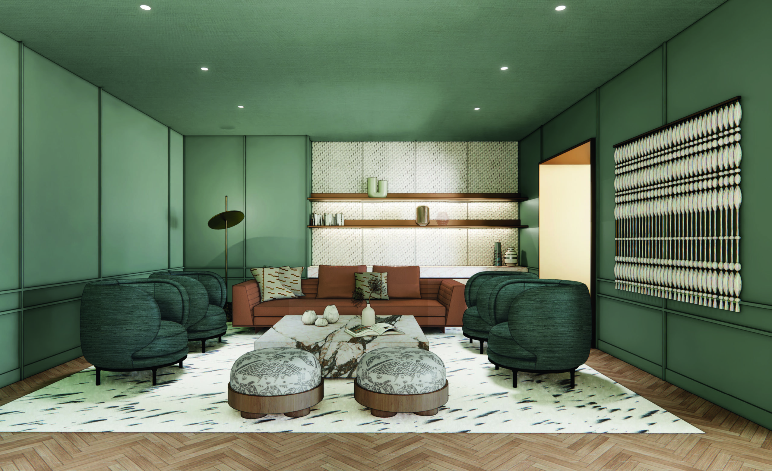 Modern green living room with rust sofa, two dark green armchairs, marble coffee table, and large abstract wall art on herringbone wood floor