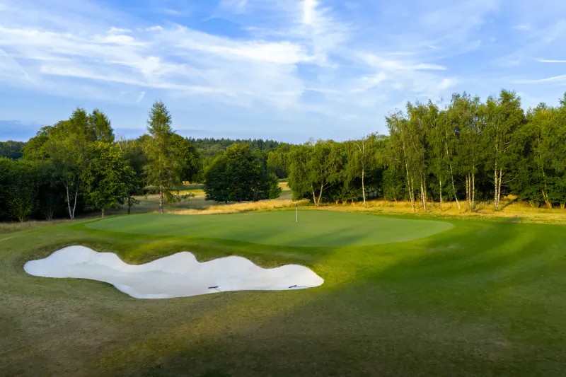 Golf green with white sand bunker, flagstick, and surrounding trees under blue sky