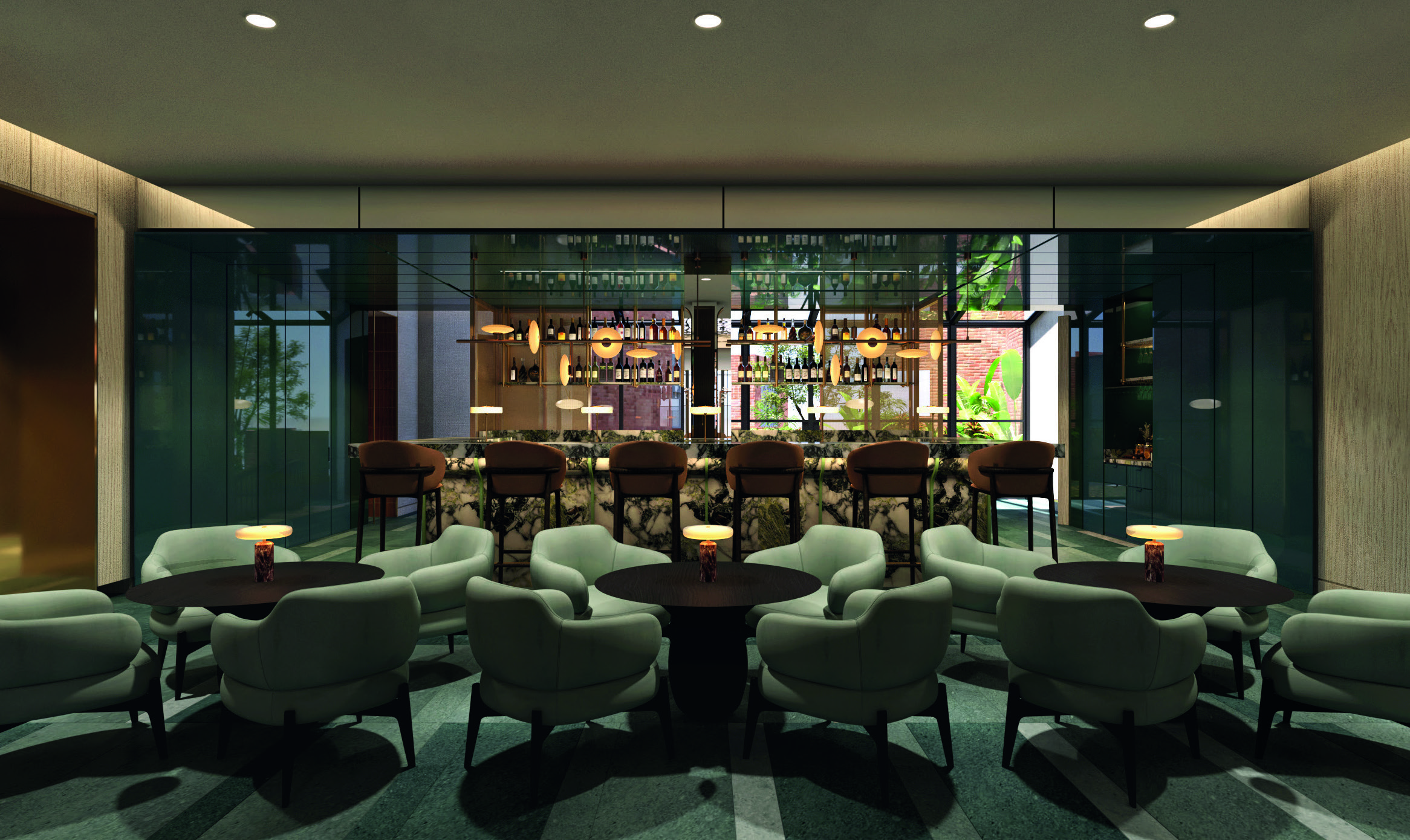 Modern hotel lounge with round tables, mint-green armchairs, and a fully stocked backlit bar visible through large glass windows