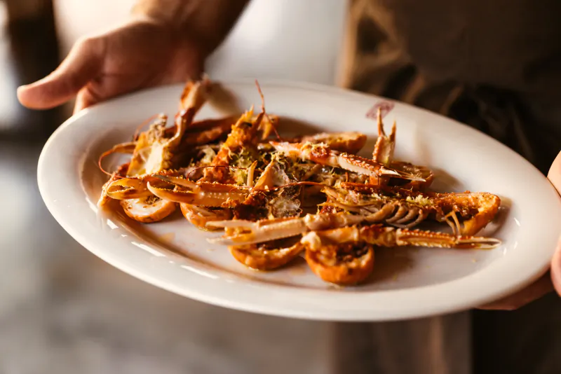 Hands holding a white plate of grilled langoustines with herbs at La Finca Plaza Ibiza