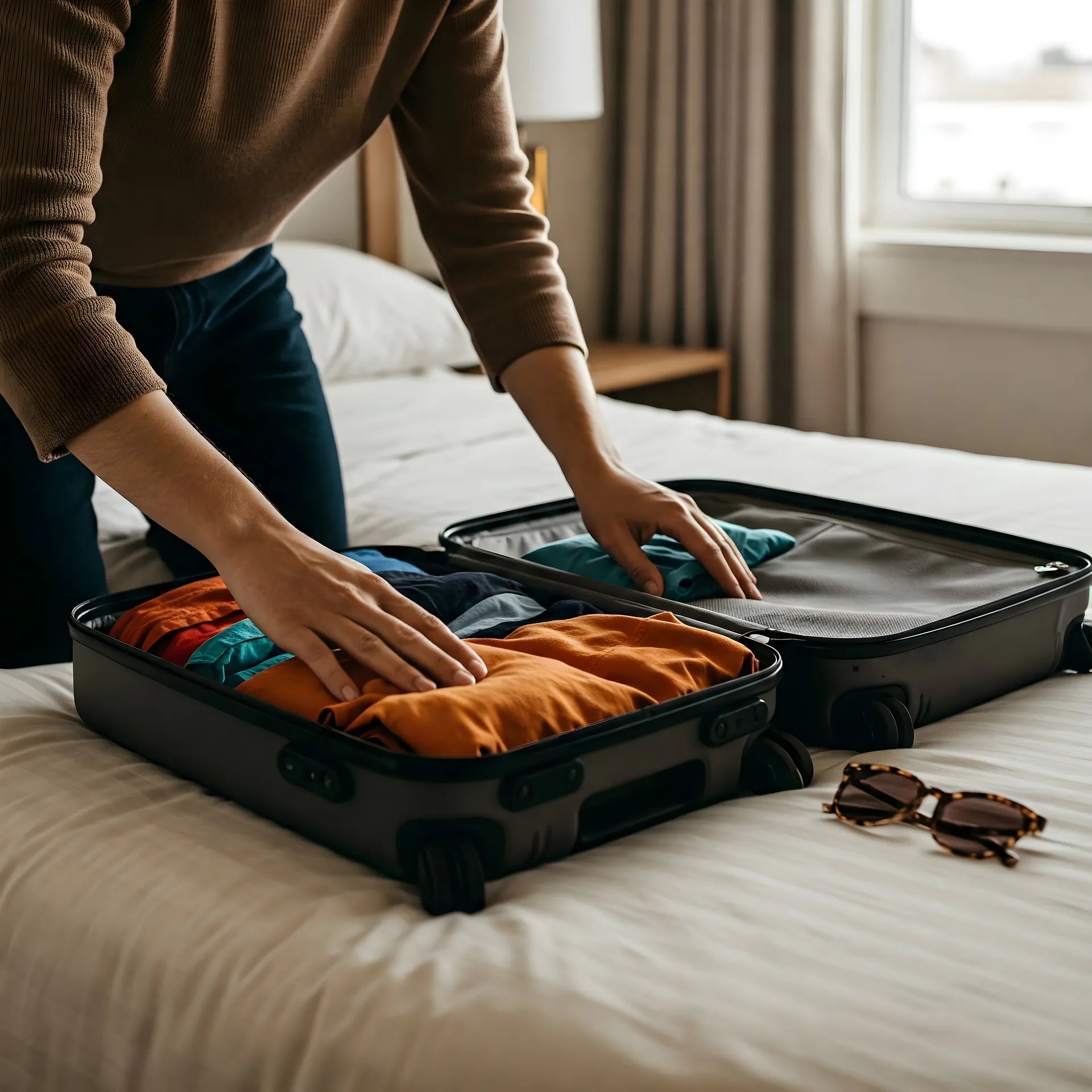 Person in brown sweater packing folded clothes into open black suitcase on hotel bed with sunglasses nearby
