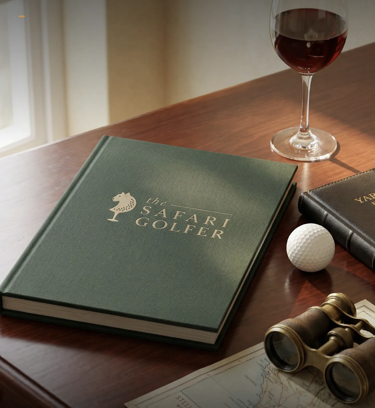 Green hardcover book titled 'The Safari Golfer' with horse logo on dark wood table beside wine glass, golf ball, binoculars, and map
