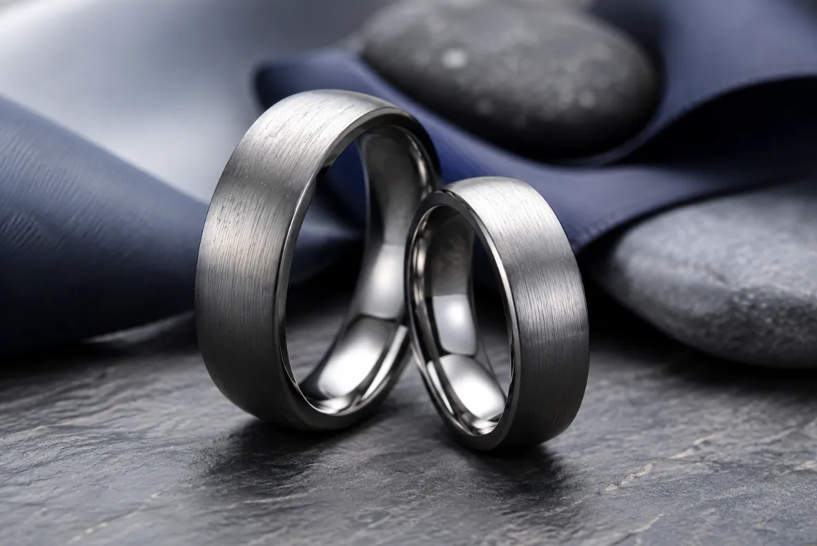 Two brushed titanium wedding rings on dark slate with blue fabric and smooth stones
