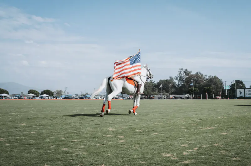 White horse galloping across green field with American flag draped over its back at outdoor polo event