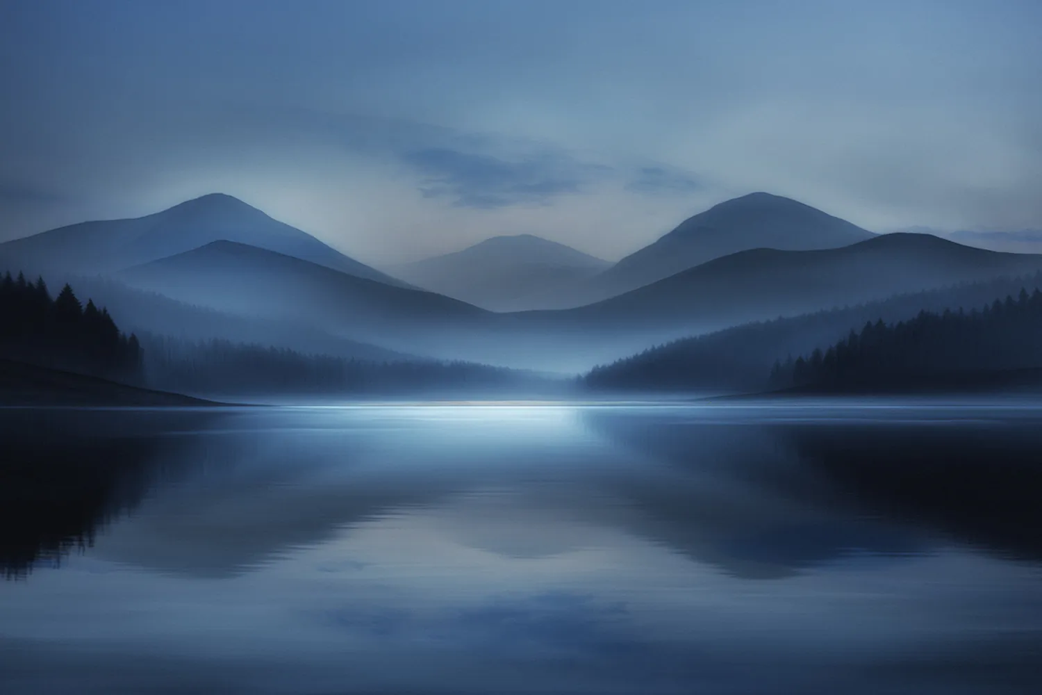 Serene misty mountain lake at dawn with calm reflective water and layered blue peaks