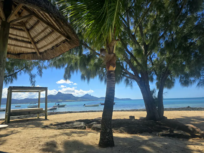 Tropical beach scene with thatched-roof shelter, palm trees, boats on turquoise water, and distant mountains under blue sky