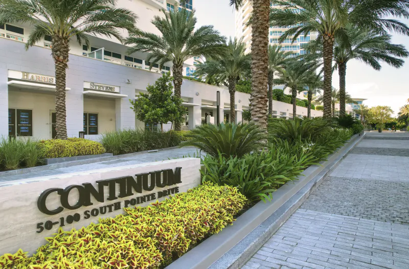 Continuum luxury condo entrance sign with palm trees and modern white building facade