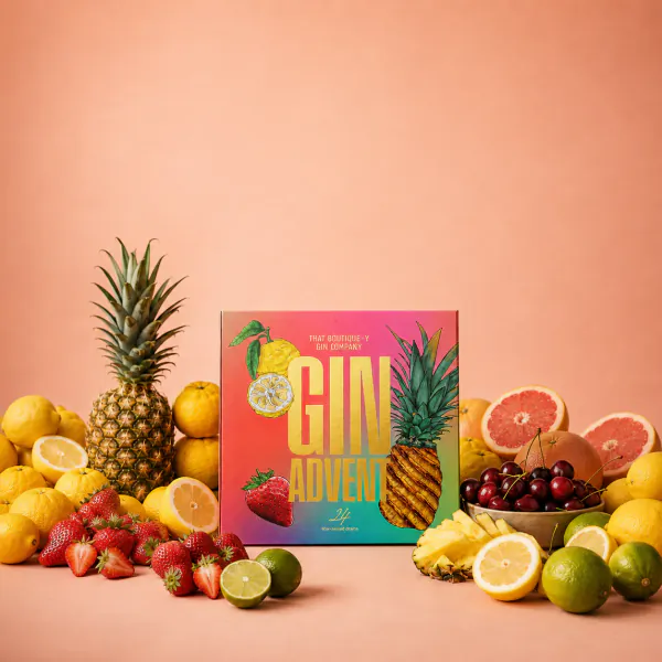 Gin Advent calendar box surrounded by fresh pineapple, strawberries, lemons, limes, grapefruit, and cherries on pink background