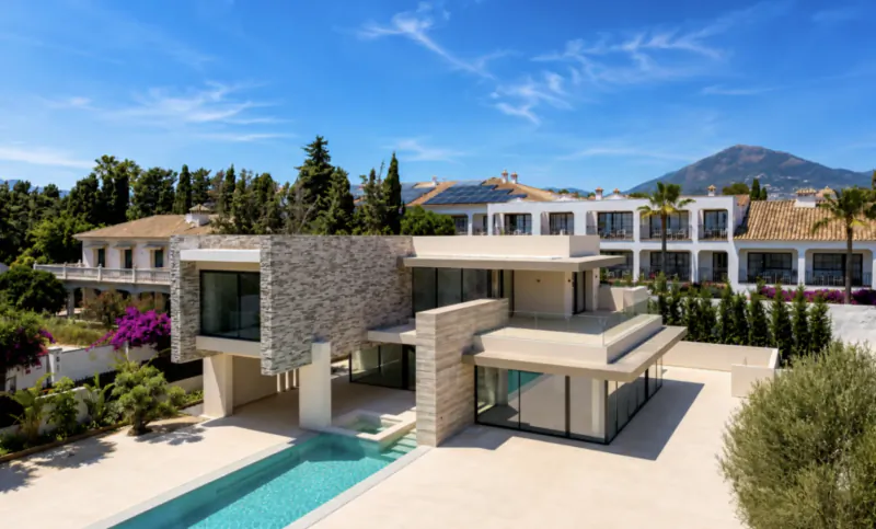 Modern luxury villa with pool, stone and concrete design, overlooking Marbella hills under blue sky