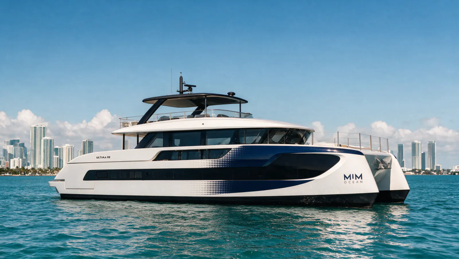 Modern luxury catamaran yacht named MIM Ocean floating on turquoise water with Miami skyline in background
