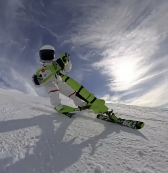 Skier in neon green and white suit carving a turn on snowy slope under bright sun