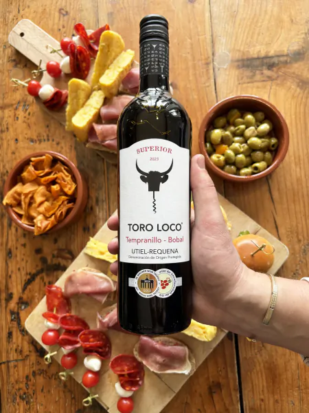 Hand holding Toro Loco Tempranillo-Bobal wine bottle surrounded by charcuterie board with cheese, olives, tomatoes, and cured meats on wooden table