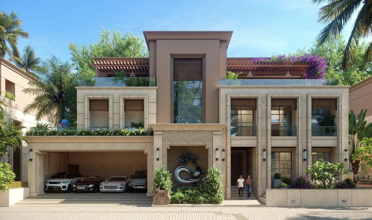 Modern luxury villa with open garage showing three cars, stone facade, and two people standing at the entrance