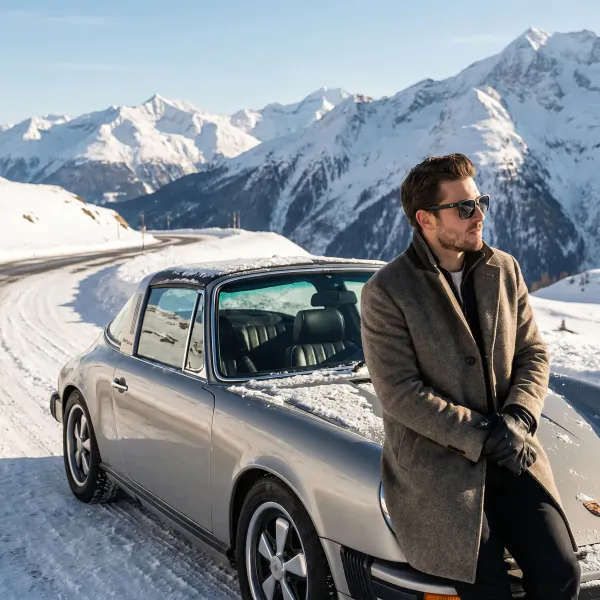 Man in sunglasses and wool coat leaning on vintage silver Porsche in snowy mountain landscape