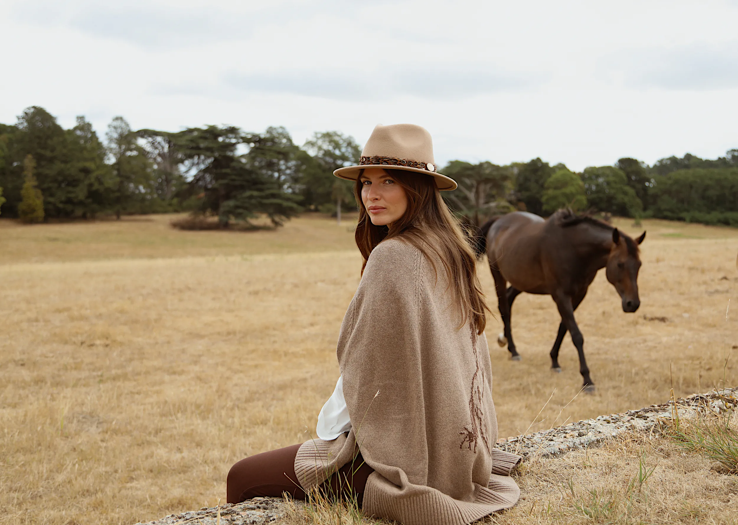 Woman in beige hat and poncho sitting on stone wall in field with brown horse behind her