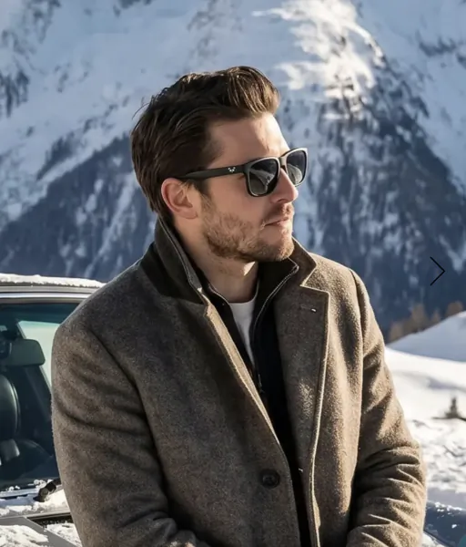 Man in sunglasses and wool coat standing beside car in snowy mountain landscape