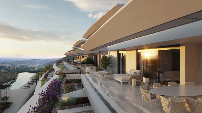 Modern luxury villa terrace with outdoor dining table, lounge seating, infinity pool, and panoramic hillside views at sunset