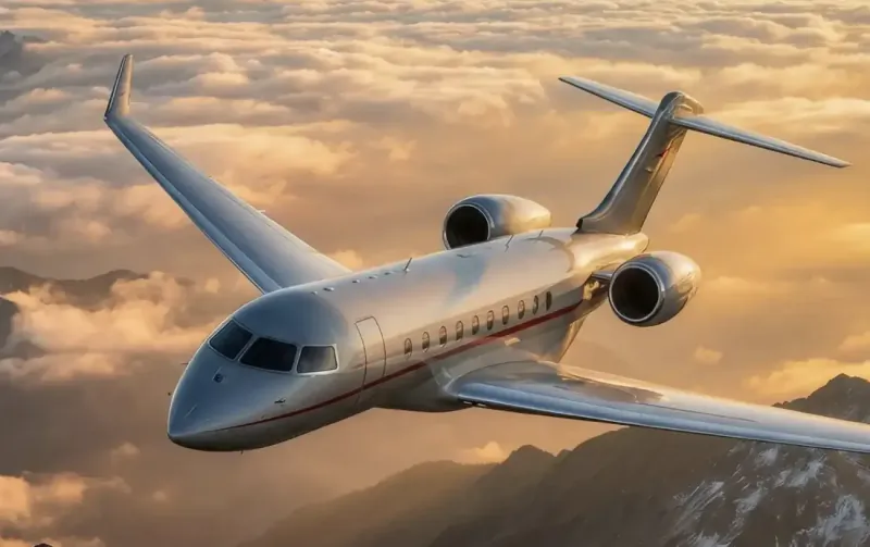 Private jet flying above clouds at sunset with mountain peaks visible below