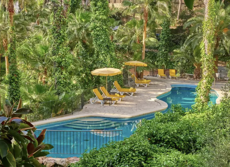 Luxury resort pool with yellow lounge chairs and umbrellas surrounded by lush tropical palm trees and greenery