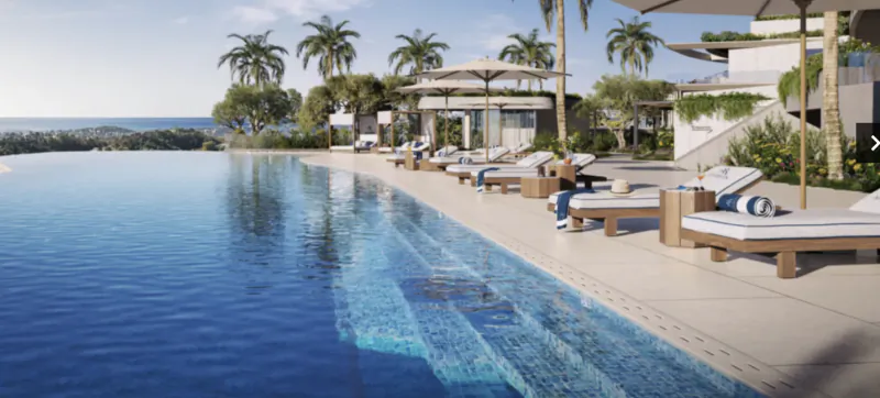 Infinity pool overlooking the sea at Cilo Marbella with lounge chairs and palm trees