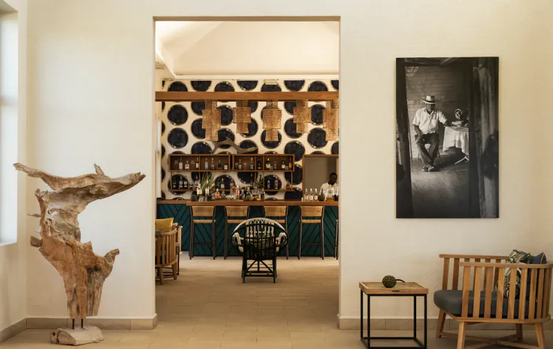 Modern hotel lounge with wooden bar, patterned wall, driftwood sculpture, and black-and-white portrait