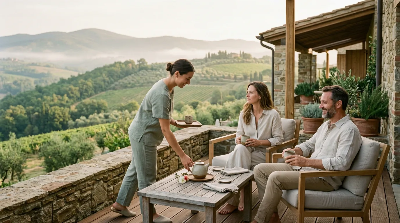 Woman serving tea to smiling couple on Tuscan villa terrace overlooking rolling hills